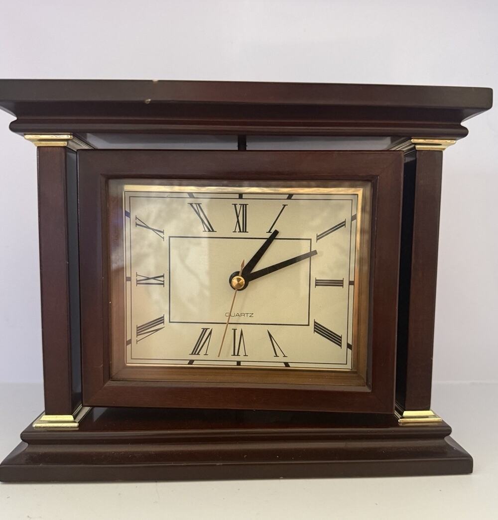 Vintage Bombay Company Swivel Mantel Clock with Picture Frame Wood Mahogany 8”